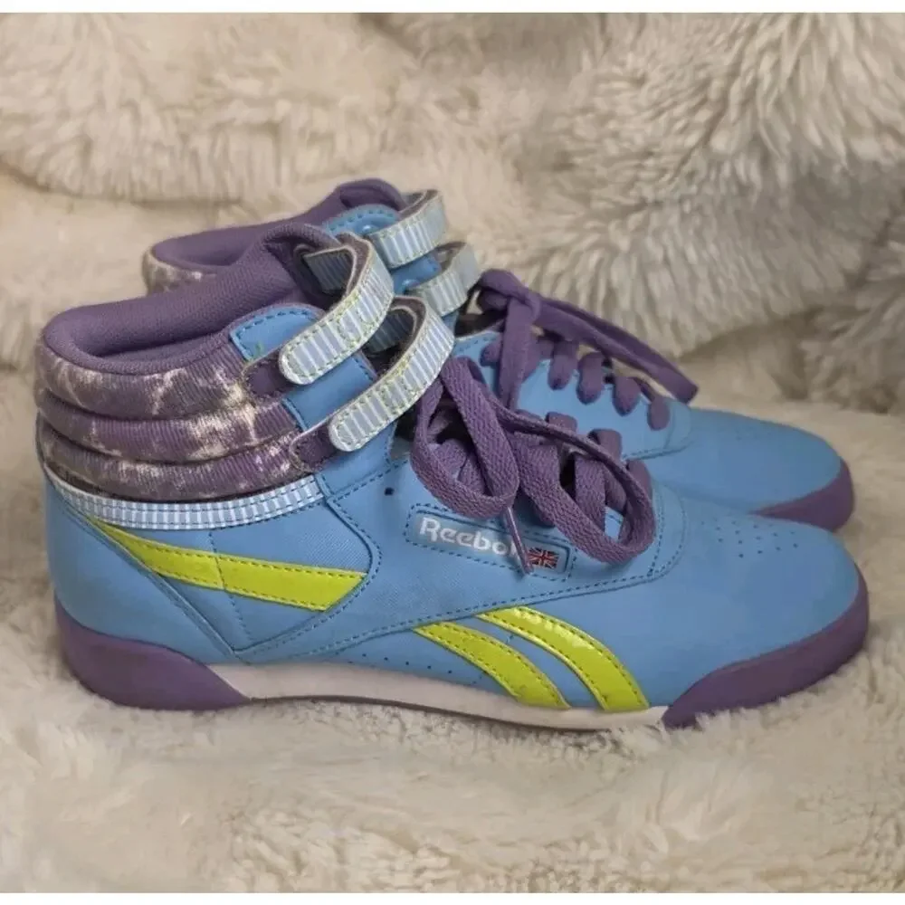 Reebok Freestyle Hi Classic Blue Bomb Neon Kids Girls Sneakers Size 5 Retro 80s